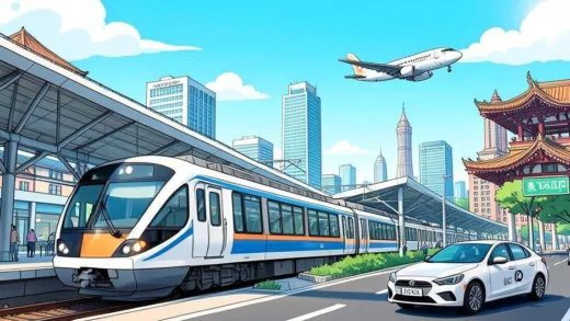 A vibrant illustration of Taichung, Taiwan, with a modern HSR train arriving at a station, an airplane in the sky, and an Uber car on a city street. Iconic Taichung landmarks are subtly hinted in the background, combining modern and traditional elements. Sunny weather.