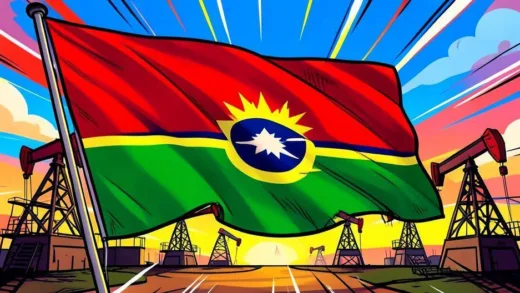 A vibrant illustration of the Guyanese flag with oil rigs in the background, symbolizing rapid economic growth. The image should convey a sense of prosperity and energy, with dynamic lines pointing upwards, representing growth and development.