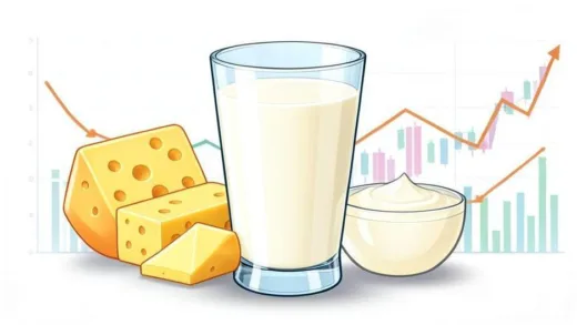 A vibrant illustration showing a glass of milk transforming into various dairy products like cheese, butter, and yogurt, with subtle background elements hinting at financial charts and growth, representing the concept of derivatives from an underlying asset.