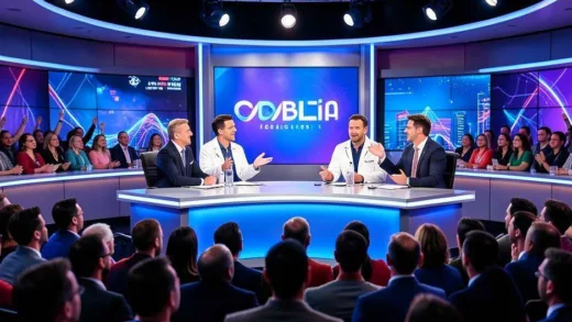 A vibrant, modern talk show stage with two groups of scientists debating animatedly, surrounded by a large, engaged audience. The atmosphere is energetic and intellectual.