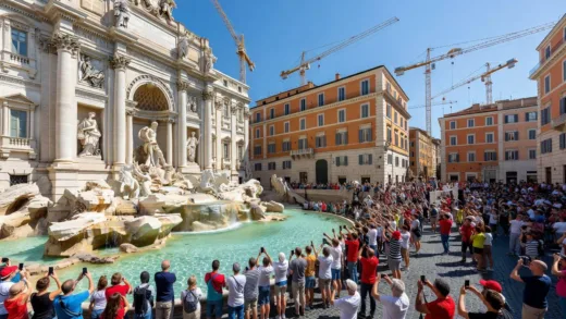 A vibrant scene of Trevi Fountain in Rome with massive crowds of tourists taking photos, showing economic revival in Italy with new construction cranes in the background, realistic daytime scene with blue skies and historic architecture.