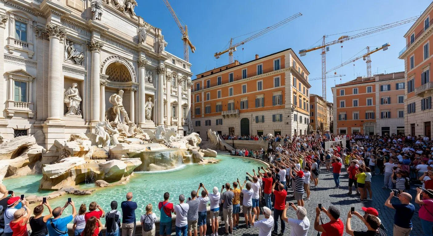 A vibrant scene of Trevi Fountain in Rome with massive crowds of tourists taking photos, showing economic revival in Italy with new construction cranes in the background, realistic daytime scene with blue skies and historic architecture.
