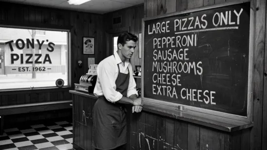 A vintage 1960s small pizza shop with a young entrepreneur looking at simplified pizza menu, with only large pizzas and limited toppings, in black and white nostalgic style
