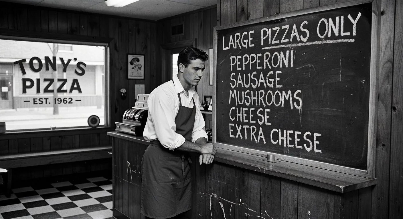 A vintage 1960s small pizza shop with a young entrepreneur looking at simplified pizza menu, with only large pizzas and limited toppings, in black and white nostalgic style