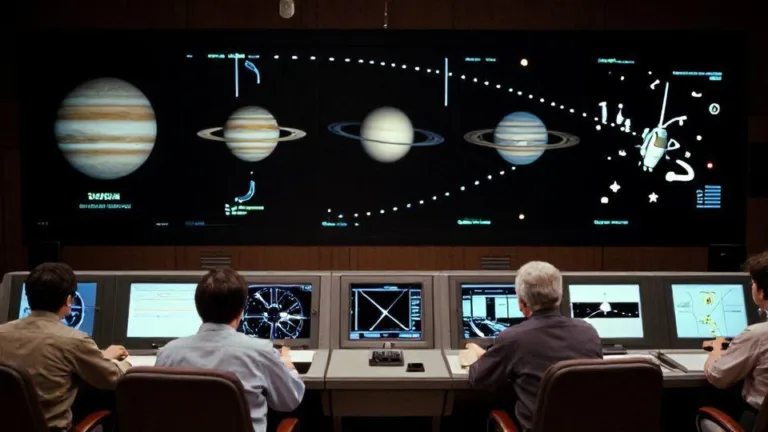 A vintage 1970s NASA control room with engineers monitoring spacecraft trajectory displays showing planetary alignment of Jupiter, Saturn, Uranus, and Neptune, with diagrams of gravity assist maneuvers visible on screens.
