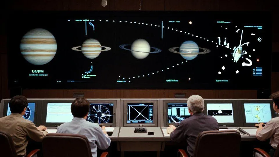 A vintage 1970s NASA control room with engineers monitoring spacecraft trajectory displays showing planetary alignment of Jupiter, Saturn, Uranus, and Neptune, with diagrams of gravity assist maneuvers visible on screens.