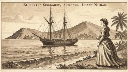 A vintage sepia-toned illustration of a sailing ship arriving at a Hawaiian island in 1863, with a woman in Victorian dress looking toward the shore, representing Elizabeth Sinclair's arrival at Niihau.