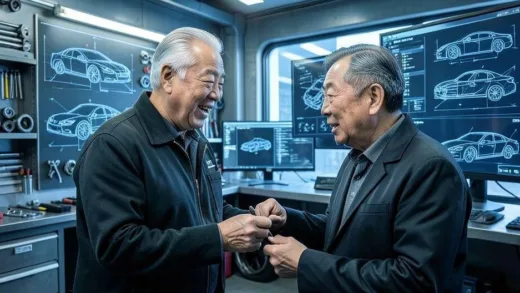 A visionary older man, Lee Kun-hee, passionately observing car parts in a futuristic garage, with blueprints of car designs and computer interfaces merging, conveying a blend of automotive passion and technological foresight.