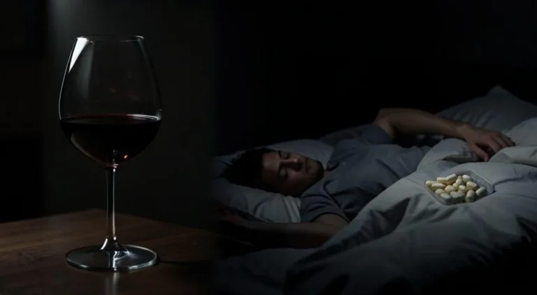 A visual comparison showing a glass of wine on one side and sleeping pills on the other, with a person tossing and turning in bed between them, dark nighttime atmosphere, realistic style