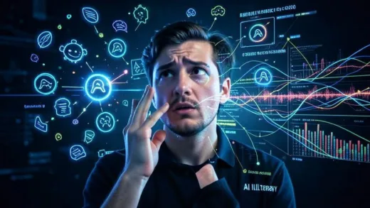 A visual metaphor for AI illiteracy showing a person confused by floating AI icons and complex data streams, digital art style with glowing elements