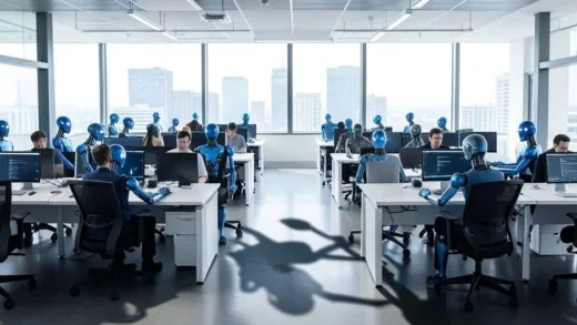 A visual metaphor of job compression showing office workers gradually being replaced by AI assistants, with shadows of robots slowly filling empty desks in a modern office environment.