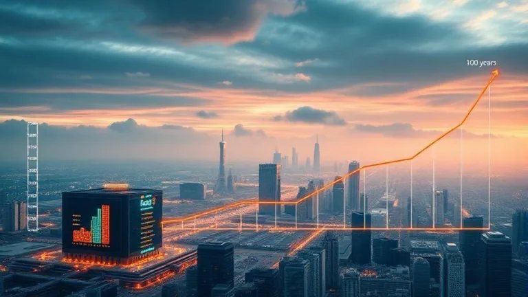 A visual representation of exponential growth: a small semiconductor equipment company transforming into a massive global corporation, with graphs showing 300x value increase over 10 years