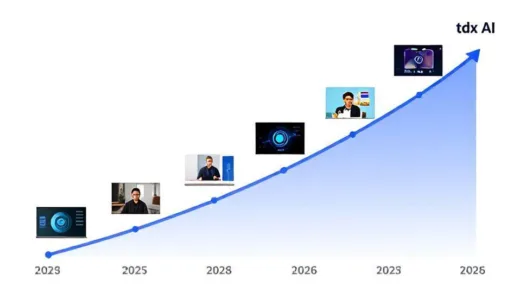A visual representation of the rapid evolution of AI technology from 2023 to 2026, showing exponential growth curve with various AI applications like text generation, image creation, video production, and presentation automation in a dynamic timeline format.