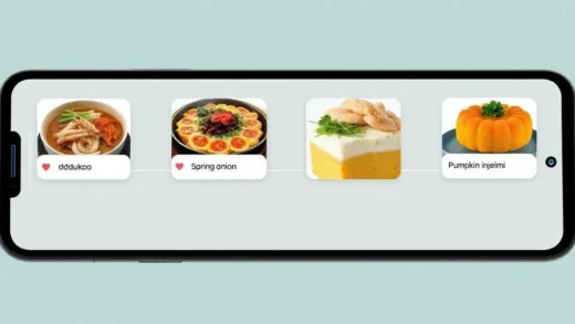 A visual timeline showing rapidly changing food trends: ddukoo, spring onion bibimbap, butter rice cake, pumpkin injeolmi appearing and disappearing quickly on a smartphone screen with social media icons