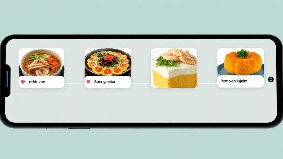 A visual timeline showing rapidly changing food trends: ddukoo, spring onion bibimbap, butter rice cake, pumpkin injeolmi appearing and disappearing quickly on a smartphone screen with social media icons
