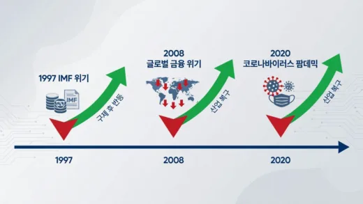 A visual timeline showing three major economic crises in Korea: 1997 IMF crisis, 2008 global financial crisis, and 2020 COVID-19 pandemic, with arrows pointing upward for recovery periods, in a modern infographic style with Korean text elements.