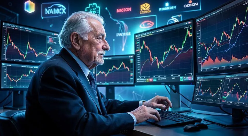 A wise elderly investor looking at stock market charts on multiple screens, with AI and semiconductor symbols fading in the background while traditional energy and insurance logos shine brightly, digital art style