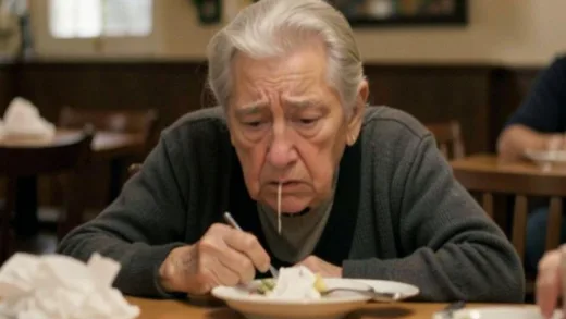 A worried older person at a dining table, looking embarrassed as their nose runs while eating, with a pile of used tissues nearby. The atmosphere is slightly blurred, emphasizing their discomfort.