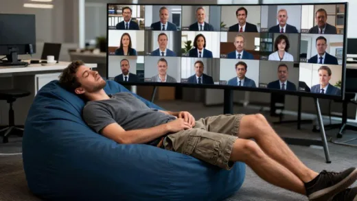 A young disheveled man in cargo shorts sleeping on an office beanbag while having video meetings with Wall Street investors on multiple screens, surreal digital art style
