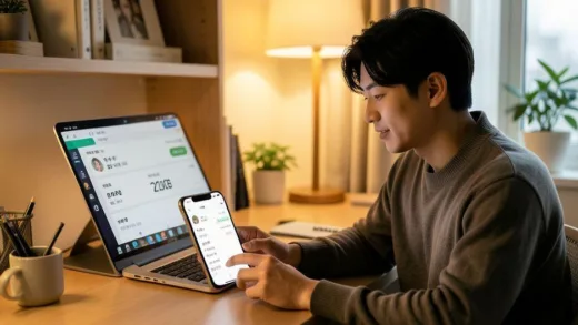 A young Korean professional in their 20s or 30s sitting at a modern desk, looking at a smartphone banking app showing a savings account balance of 22 million won. Warm ambient lighting, cozy Korean home office style, motivational and hopeful atmosphere, photorealistic style.