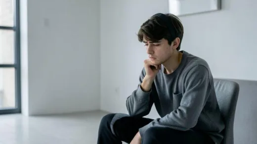 A young person looking contemplative and a bit sad while sitting in a modern, minimalistic room, hinting at isolation and unseen discomfort.