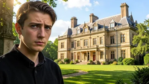 A young, seemingly innocent man with keen eyes observing a lavish, old English estate from a distance, with a hint of cunning in his expression. The estate is grand and sun-drenched, symbolizing unattainable wealth.