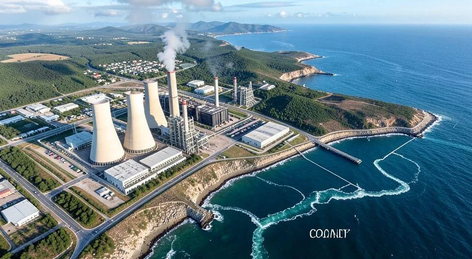 Aerial view of a nuclear power plant with cooling towers on one side and ocean cooling system on the other, showing geographical comparison between inland and coastal power plants, detailed engineering illustration, photorealistic style.
