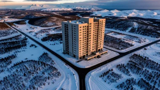 Aerial view of a solitary 14-story concrete building in the Alaskan wilderness surrounded by snow, with a single tunnel road leading to it, dramatic lighting