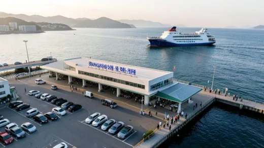 Aerial view of Banghwa-meri ferry terminal in Incheon with cars parked and a ferry boat docked, showing the coastal landscape and waiting area for passengers, early morning light, realistic photography style