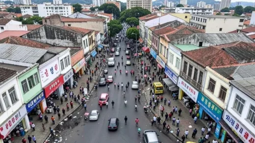 Aerial view of Bom Retiro district in Sao Paulo Brazil showing crowded streets and buildings, with Korean signs visible on shops, daytime scene with some litter on sidewalks