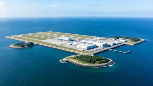Aerial view of Incheon International Airport on an artificial island between small islands, with runways and terminal buildings, surrounded by ocean, sunny day, ultra realistic photography style