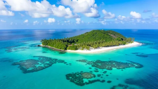 Aerial view of Miyakojima island with stunning emerald blue ocean surrounding it, white sandy beaches, coral reefs visible through clear water, tropical palm trees lining the coast, bright sunny day with fluffy clouds in the sky