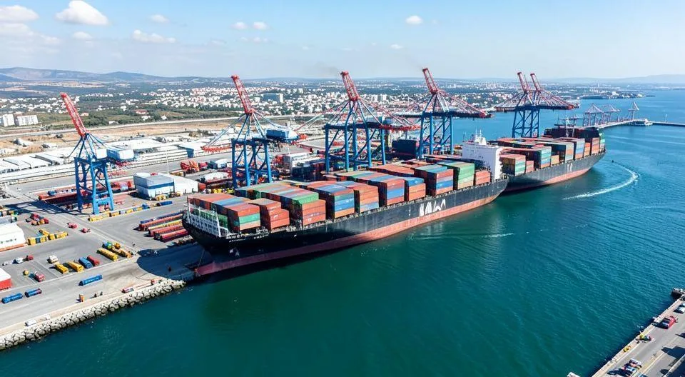 Aerial view of modern container ships docking at Haifa port in Israel, with cranes and logistics infrastructure, sunny day, strategic importance visualization