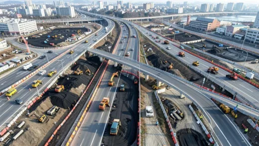 Aerial view of multiple construction sites across South Korea with stopped road work machinery and construction barriers, showing abandoned asphalt laying equipment on highways, urban atmosphere with quiet construction zones, realistic detailed illustration