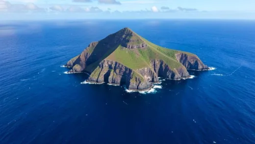Aerial view of Saint Helena Island in the middle of the vast South Atlantic Ocean, showing its volcanic formation and isolated location with dramatic cliffs and deep blue waters