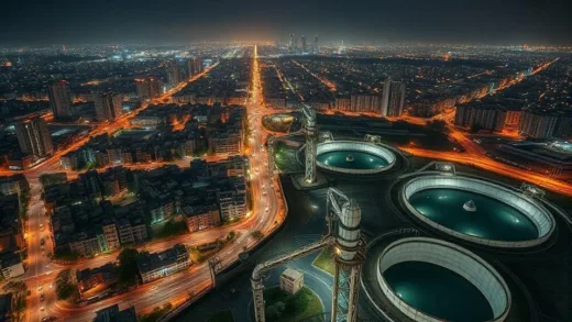 Aerial view of Tehran city at night with dry water taps and empty reservoirs, showing urban landscape with water crisis, 2026, photorealistic