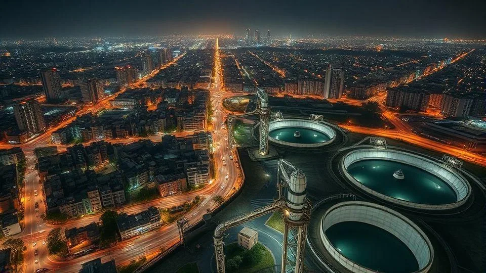 Aerial view of Tehran city at night with dry water taps and empty reservoirs, showing urban landscape with water crisis, 2026, photorealistic