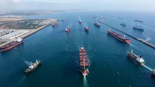 Aerial view of the Strait of Hormuz with various tankers and cargo ships passing through, Iranian military vessels monitoring traffic in the background, strategic maritime chokepoint scene