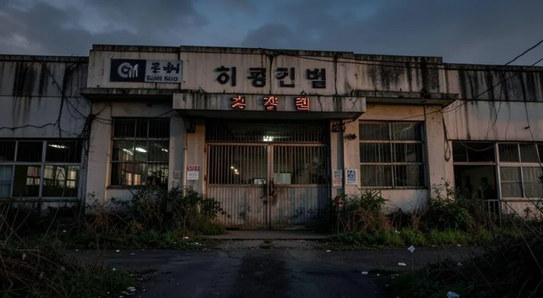 An abandoned GM automobile factory in Gunsan, South Korea, with locked main gates and overgrown weeds, conveying industrial decay and economic shock, dramatic evening lighting