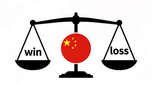 An analytical graphic showing two opposing scales, one with a "win" symbol and the other with a "loss" symbol, with a stylized Chinese flag in the middle, representing the global debate on China's position in the US-Iran conflict. The background shows subtle outlines of Middle Eastern and East Asian maps.