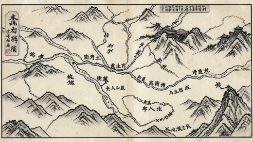 An ancient Chinese map showing the three kingdoms (Wei, Shu, Wu) with significant rivers like the Yellow River and Yangtze River highlighted, during a chaotic period, drawn in a classic East Asian ink wash style.