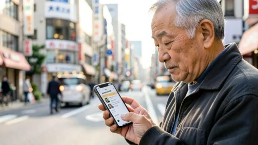 An elderly Japanese man in Tokyo checking a smartphone app for spot work opportunities in the morning light, looking at available short-term jobs on his phone screen