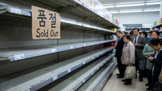 An empty supermarket shelf where garbage bags should be displayed, with a sign saying 'Sold Out' in Korean, showing people looking confused and anxious in the background, realistic photojournalism style