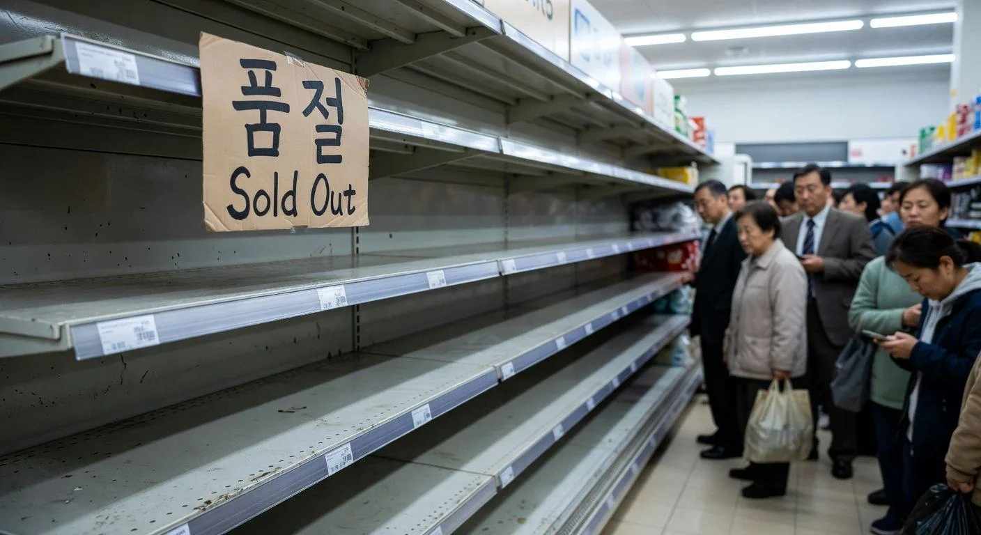 An empty supermarket shelf where garbage bags should be displayed, with a sign saying 'Sold Out' in Korean, showing people looking confused and anxious in the background, realistic photojournalism style