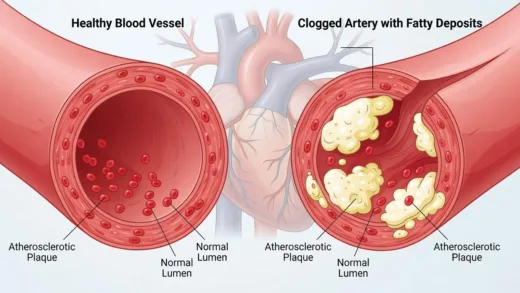 An illustration showing a comparison between healthy blood vessels and clogged arteries with fatty deposits, with a heart in the background, medical style