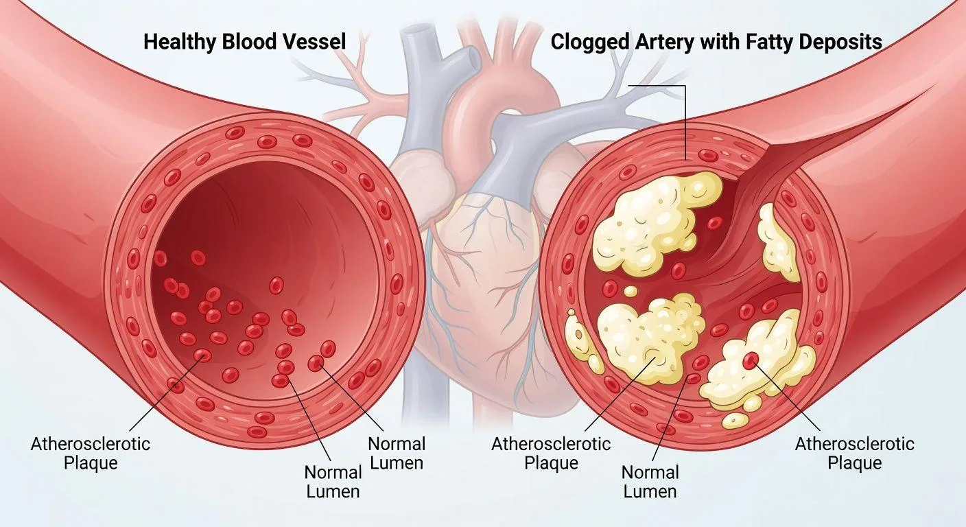 An illustration showing a comparison between healthy blood vessels and clogged arteries with fatty deposits, with a heart in the background, medical style