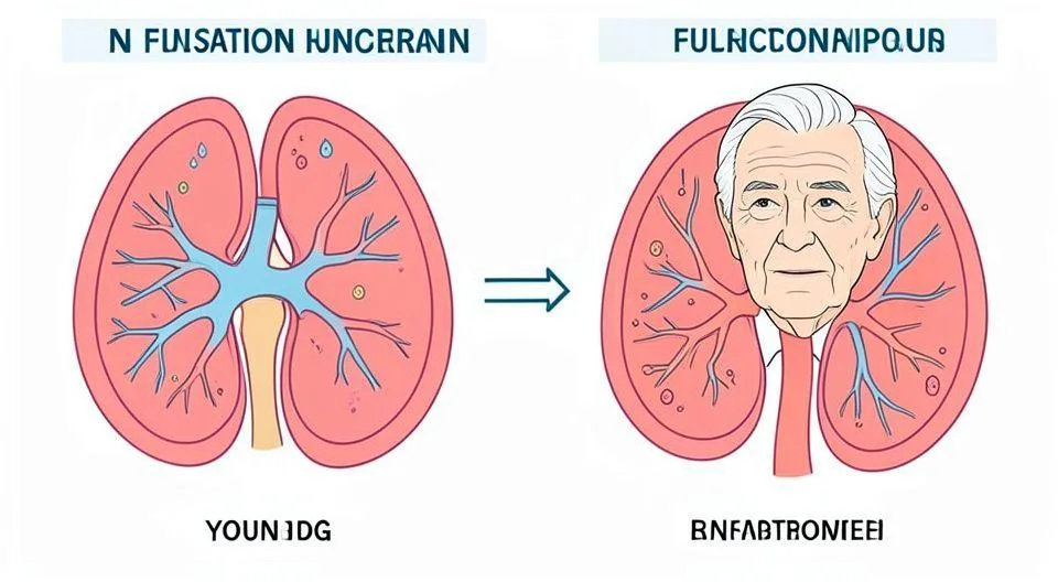 An illustration showing kidney function comparison between young and elderly, with blood filtration system visualization, medical concept, clean simple style