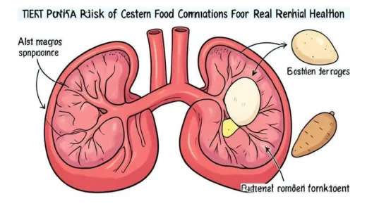 An illustrative diagram showing the kidneys and heart, with eggs and sweet potatoes, representing the potential risk of certain food combinations for renal health in elderly individuals.