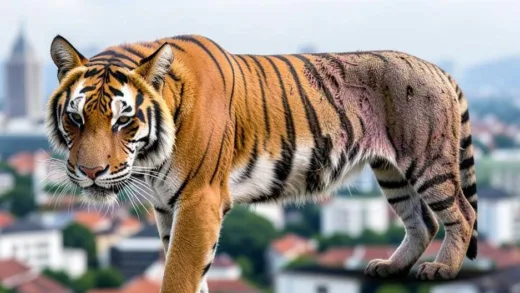An image showing a majestic tiger gradually transforming into a frail, sick animal, symbolizing Thailand's economic decline from its "Asian Tiger" past, with a blurred cityscape in the background.