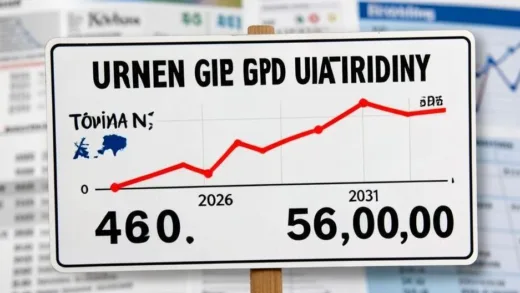 An urgent warning sign with a graph showing Taiwan's GDP line crossing above Korea's GDP line around 2026, with a significant gap by 2031, set against a backdrop of a global economic report. The numbers 46,000 and 56,000 are clearly visible.